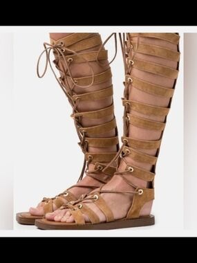 Free People Tan Suede Knee-High Lace-Up Gladiator Sandals